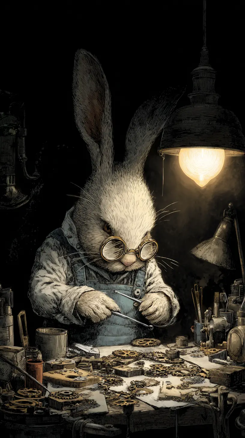 Anthropomorphic rabbit watchmaker in a quiet lamplit workshop