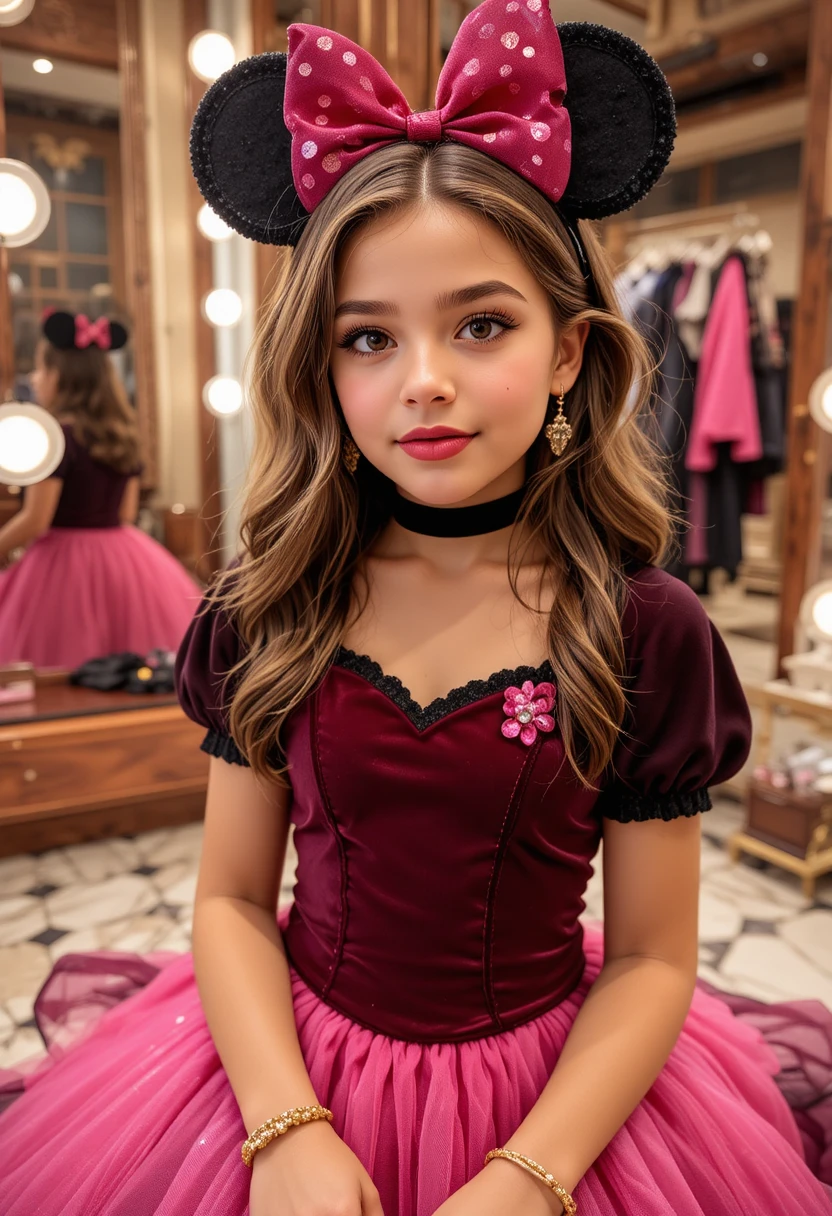 Tween boy styled in pink minnie dress at vanity