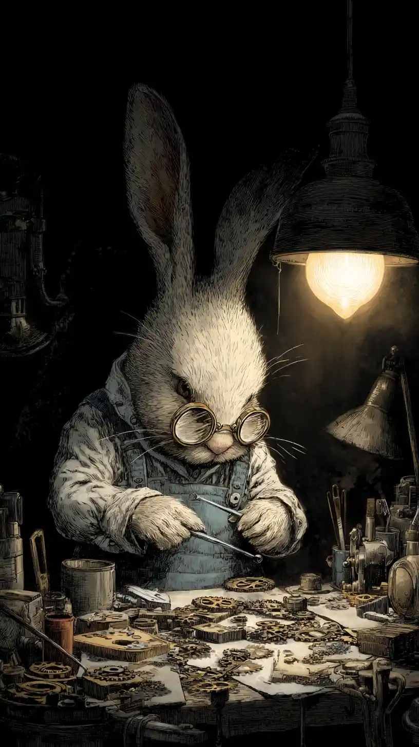 Anthropomorphic rabbit watchmaker in a quiet lamplit workshop