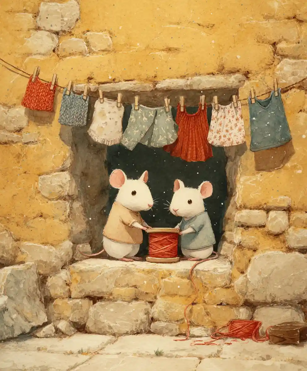 Two tiny mice hanging laundry in a cozy house