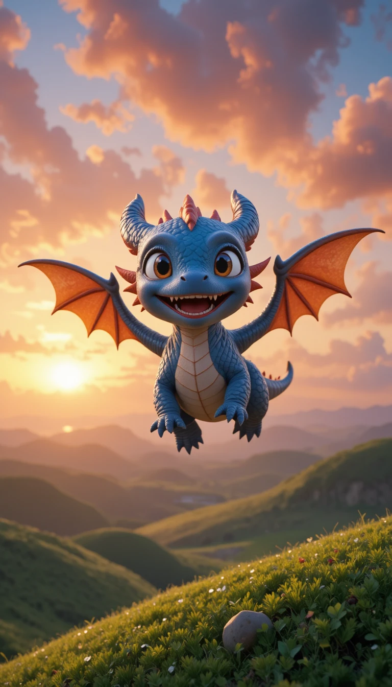 Süßer Babydrache bei seinem ersten Flug im Sonnenuntergang