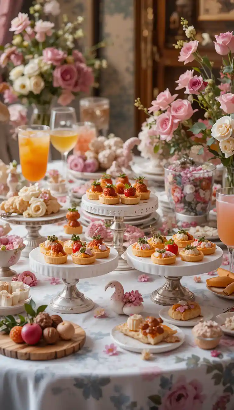Floral buffet table with canapes mocktails and sweet treats