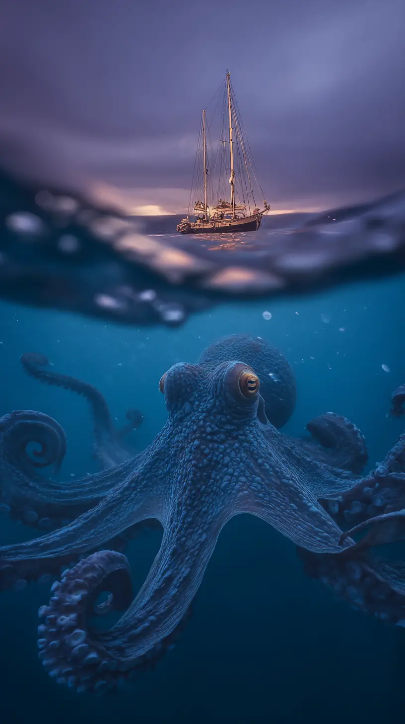 Underwater view of sailboat above looming giant octopus