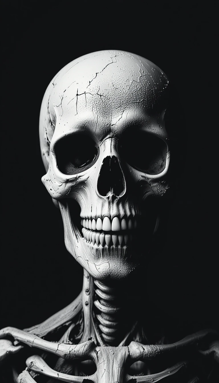 Minimalist black and white skull illustration with eerie gothic mood