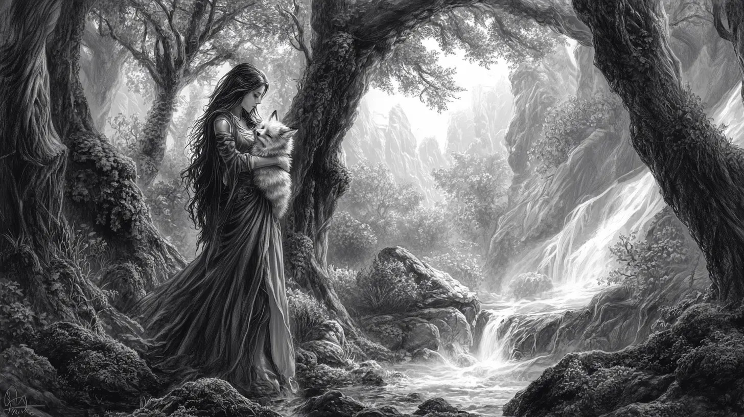 Ethereal Woman Holding Fox In Enchanted Forest Drawing
