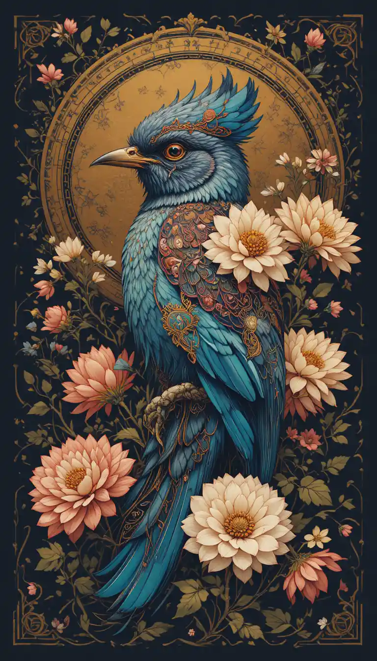 Ilustración neotradicional de un pájaro adornado con delicadas flores