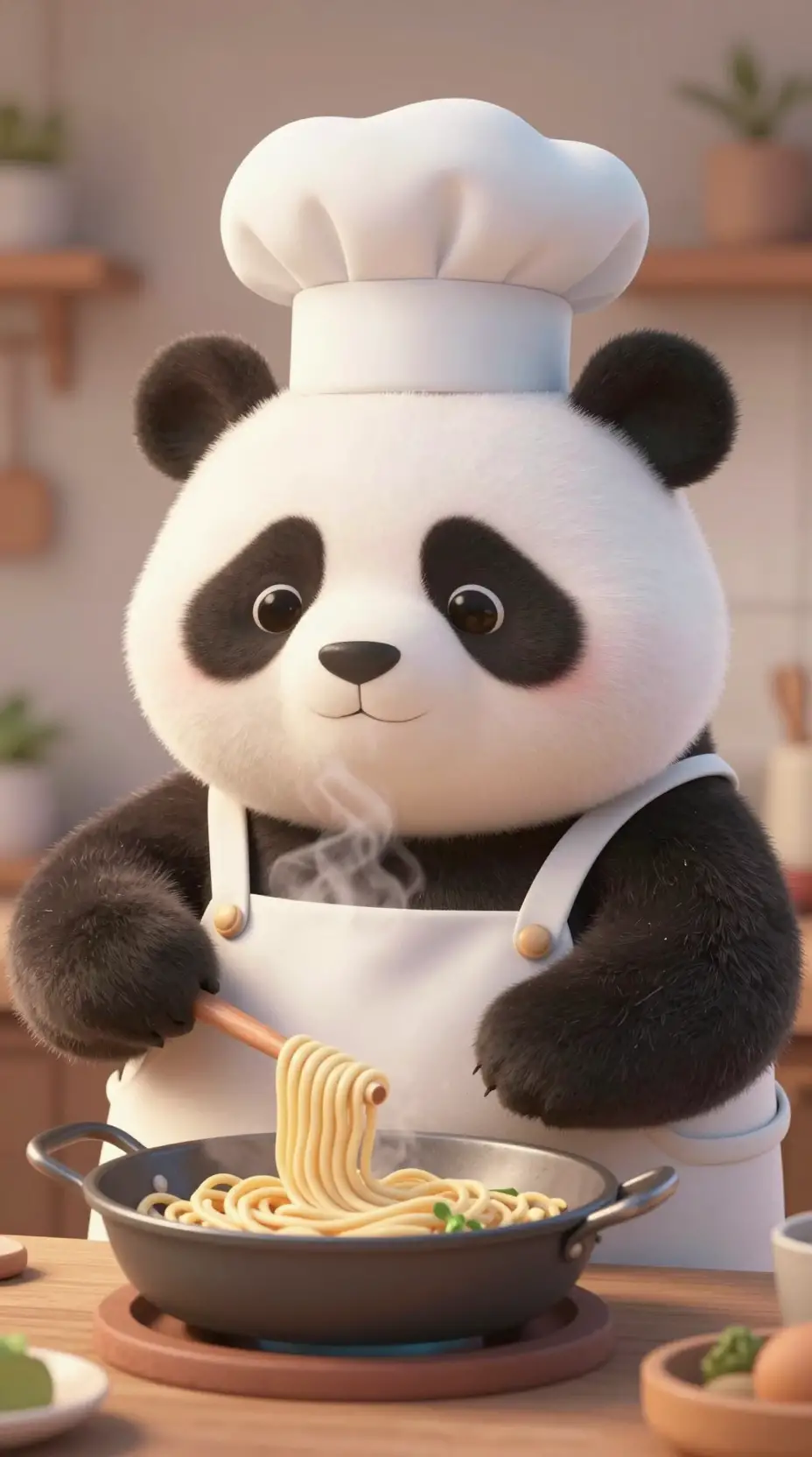Cute 3D Panda Chef Cooking Noodles In Cozy Kitchen