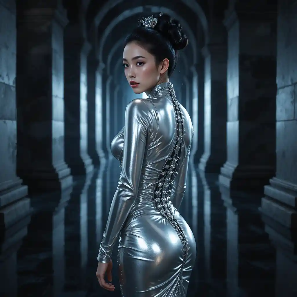 Young woman in metallic gown with silver spine detail