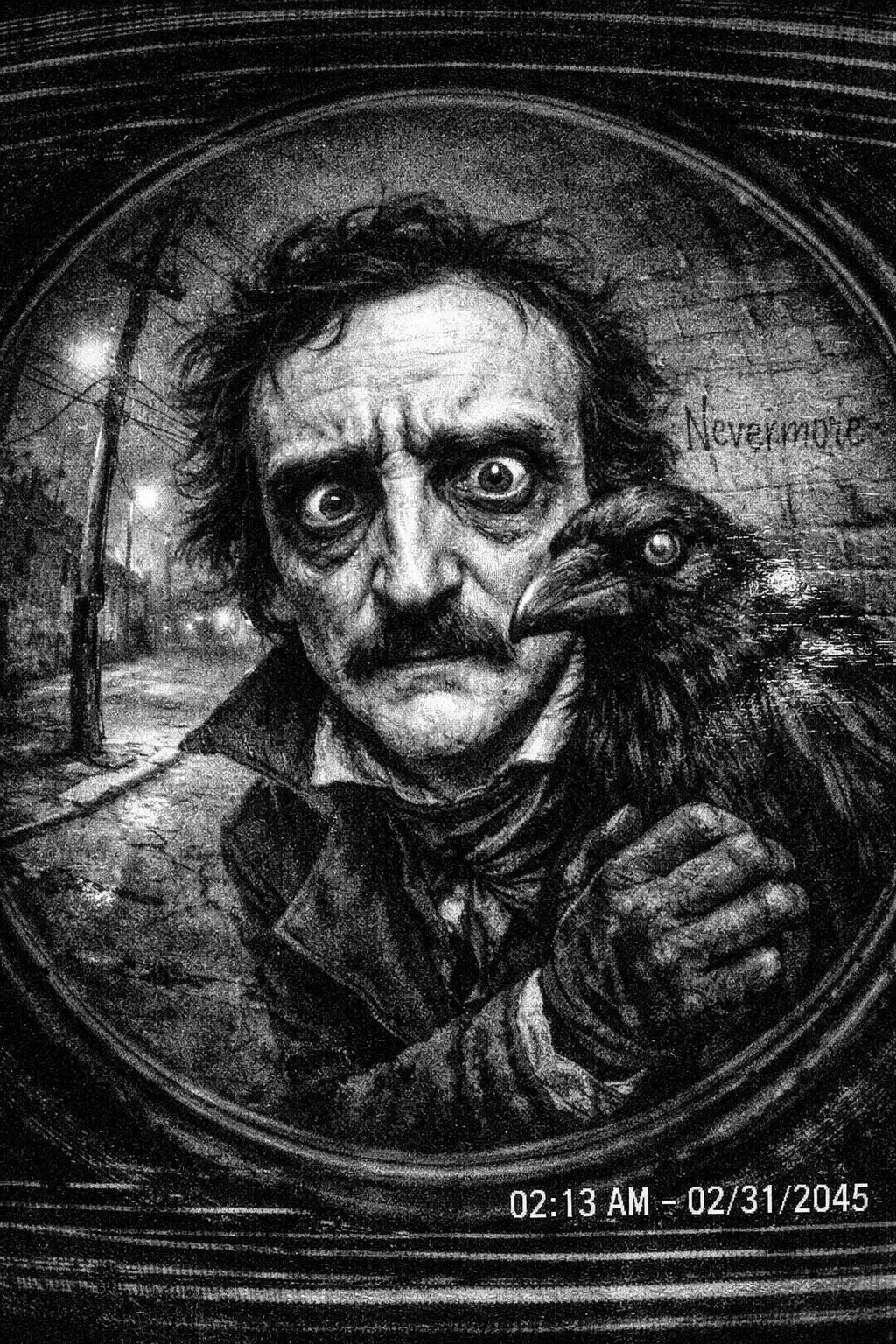 Surreal fisheye portrait of a gaunt man at night