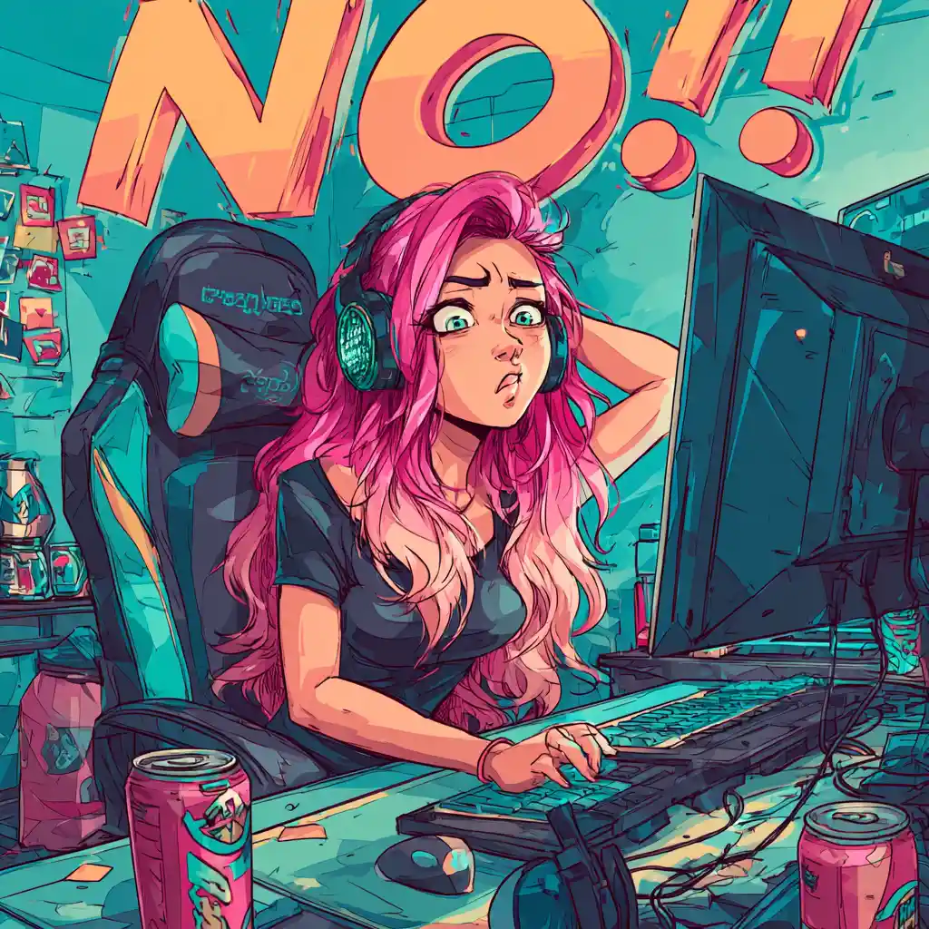 Cartoon gamer girl reacting in a colorful gaming setup