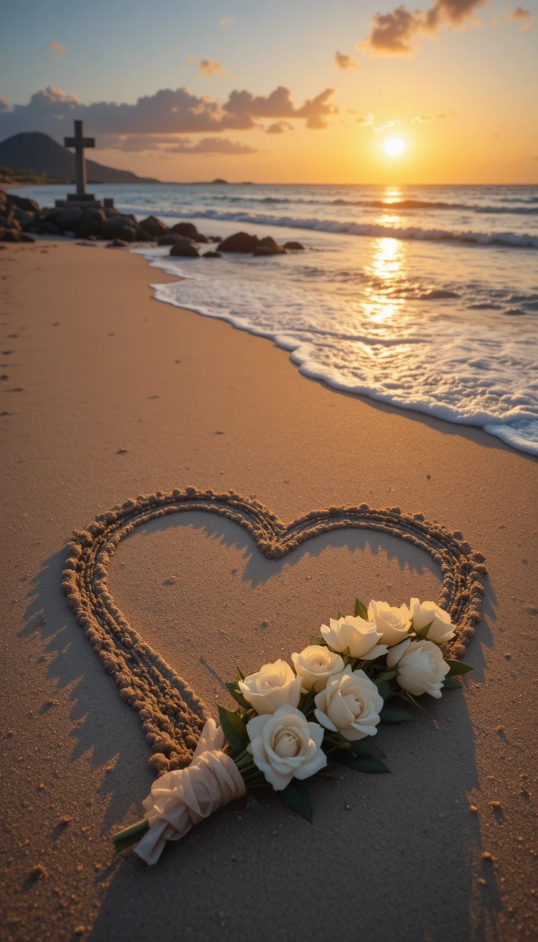 Cœur dans le Sable au Coucher du Soleil avec Roses Blanches