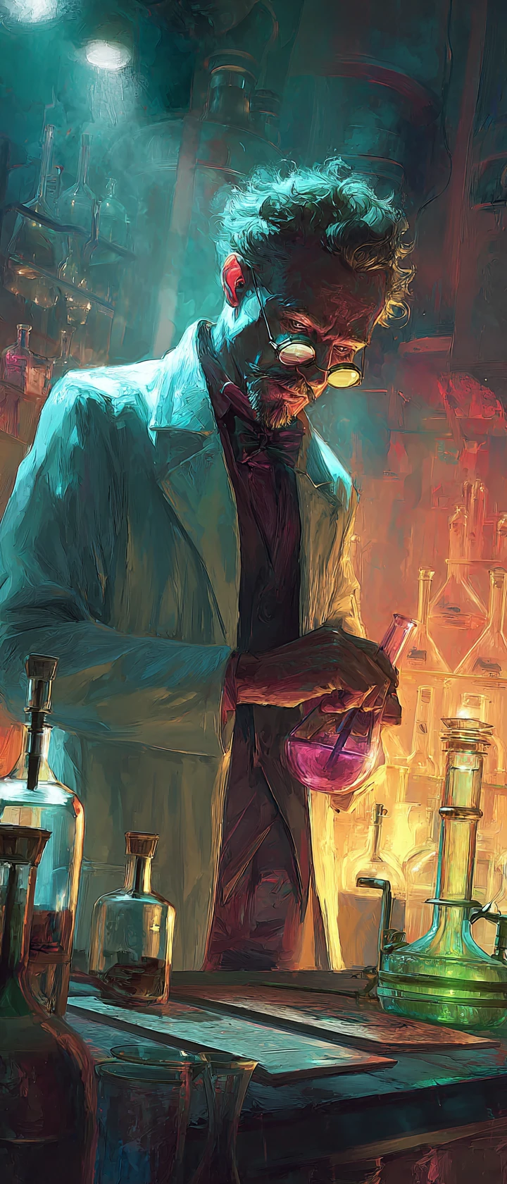 Cyberpunk-Wissenschaftler mixt Tränke in neonbeleuchteter Bar