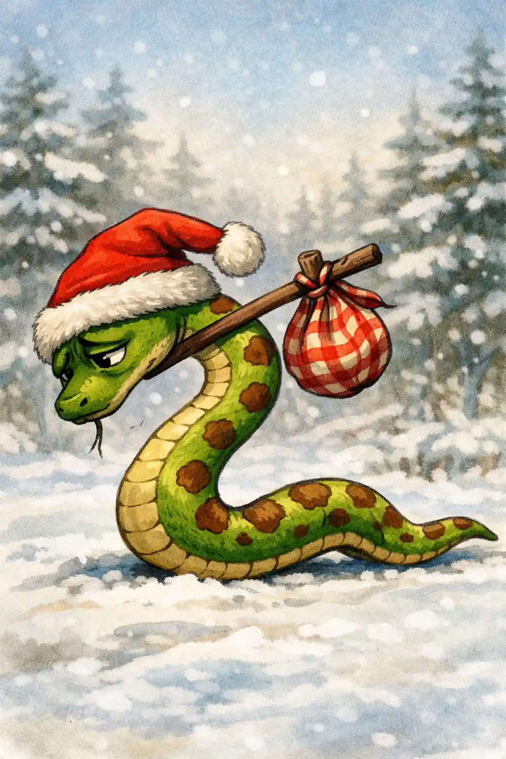 Sad green snake with christmas hat in snowy forest
