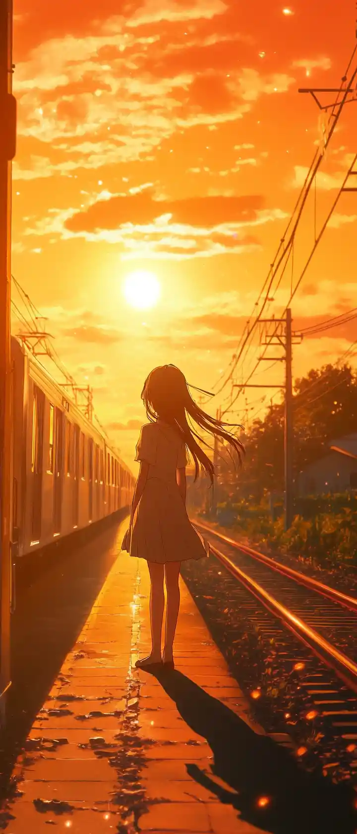 Teenager-Mädchen auf leerem Bahnsteig bei Zugabfahrt im Sonnenuntergang