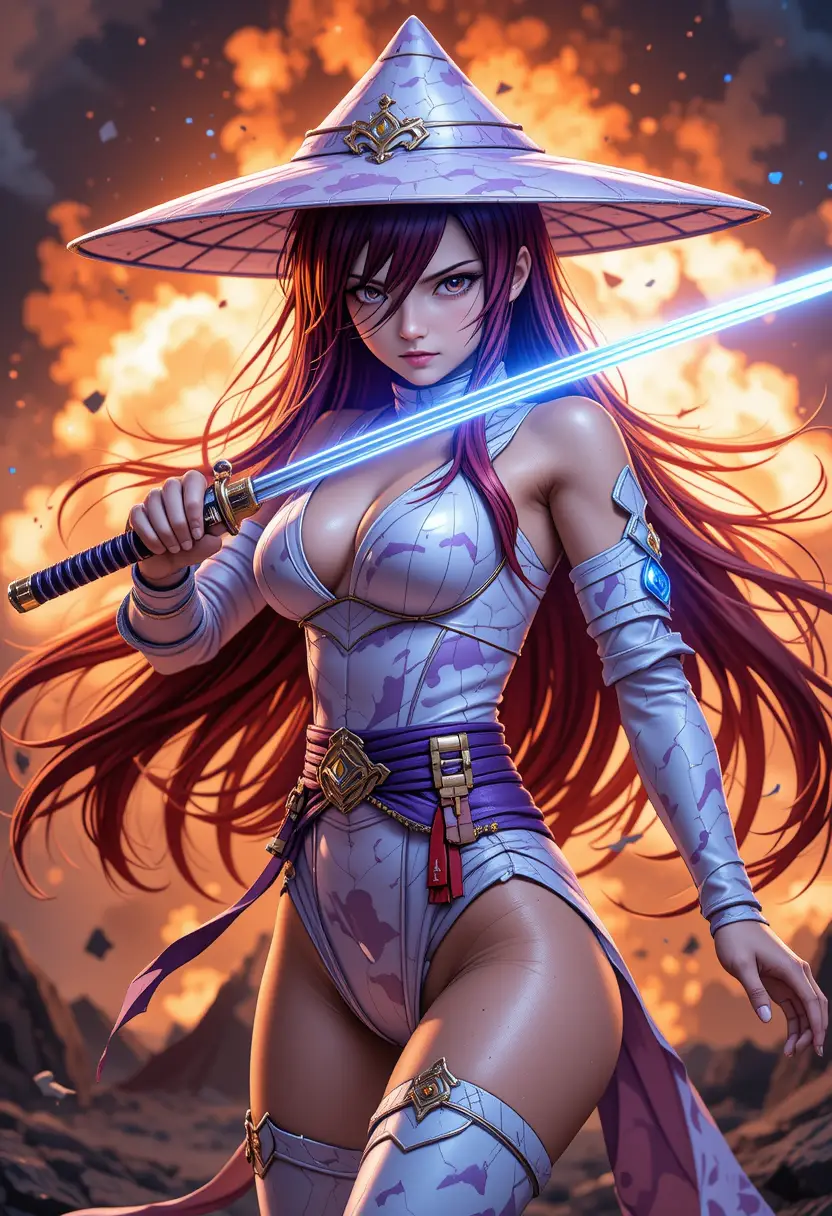 Ronin anime féroce brandissant un katana lumineux