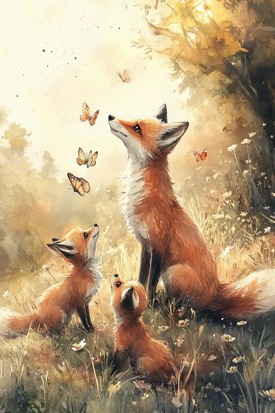 Mother fox with playful cubs in sunlit meadow