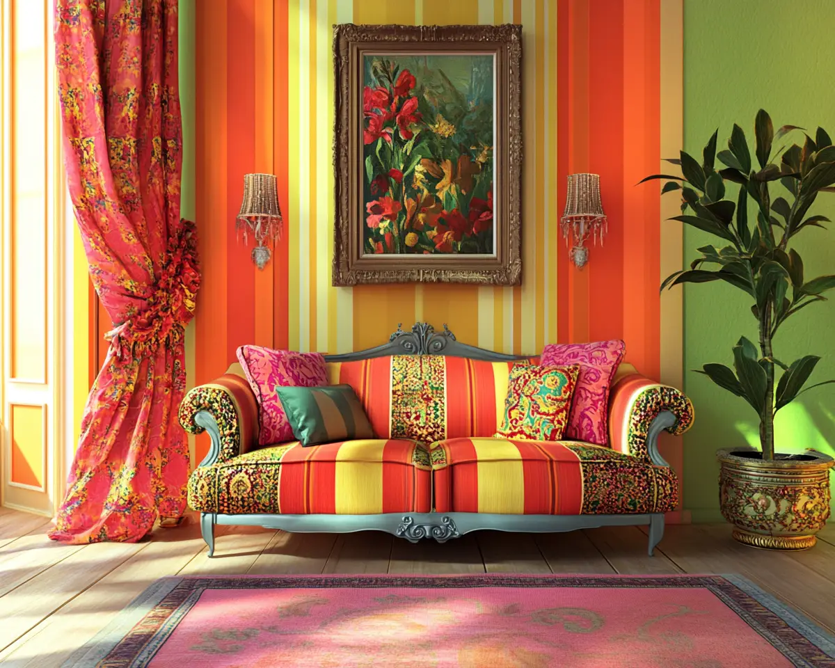 Colorful eclectic living room with funky baroque decor