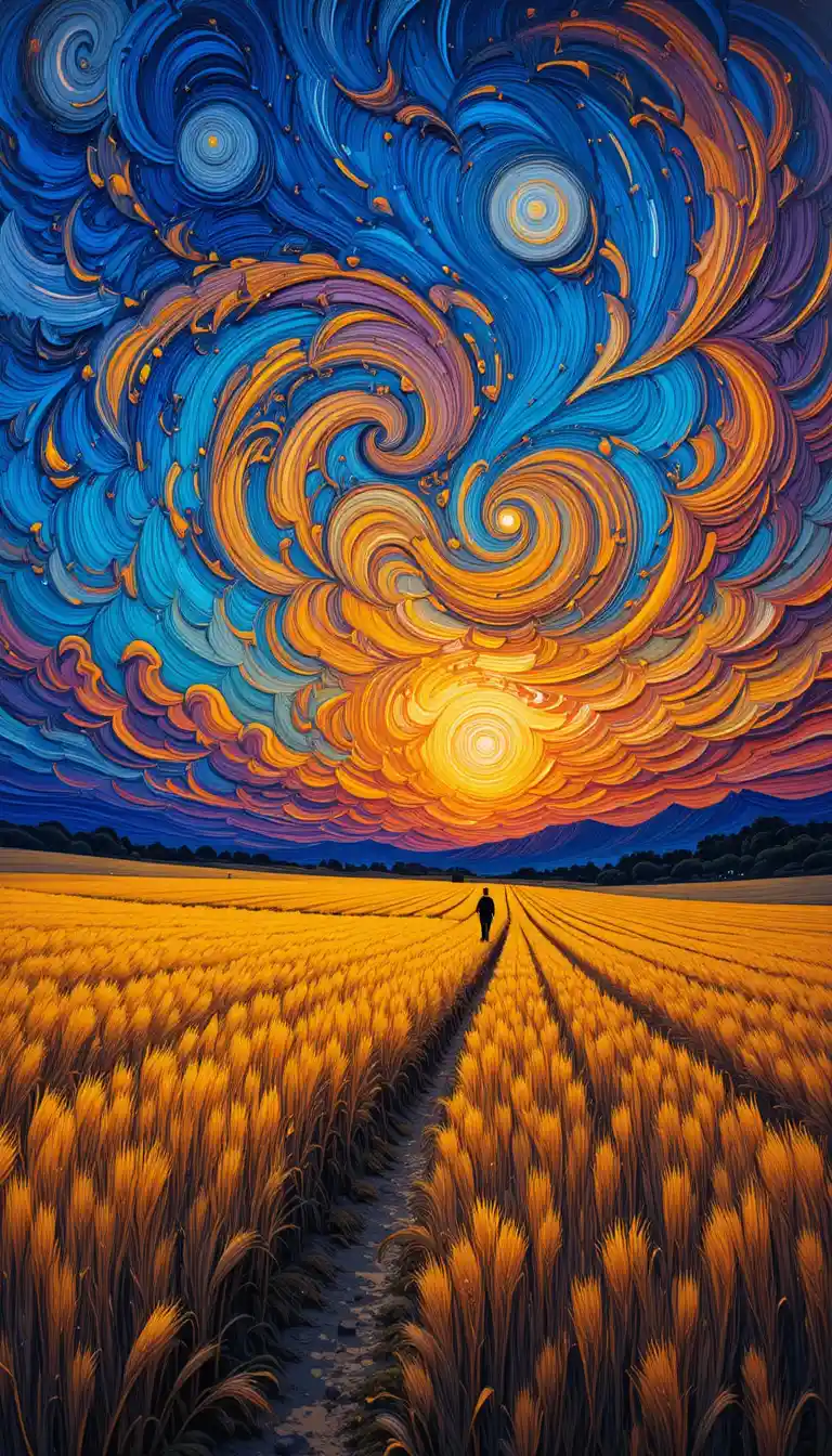 Campo di grano dorato sotto un cielo di tramonto drammatico e vorticoso