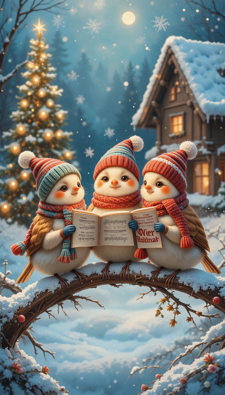 Festive songbirds singing on a snowy winter branch
