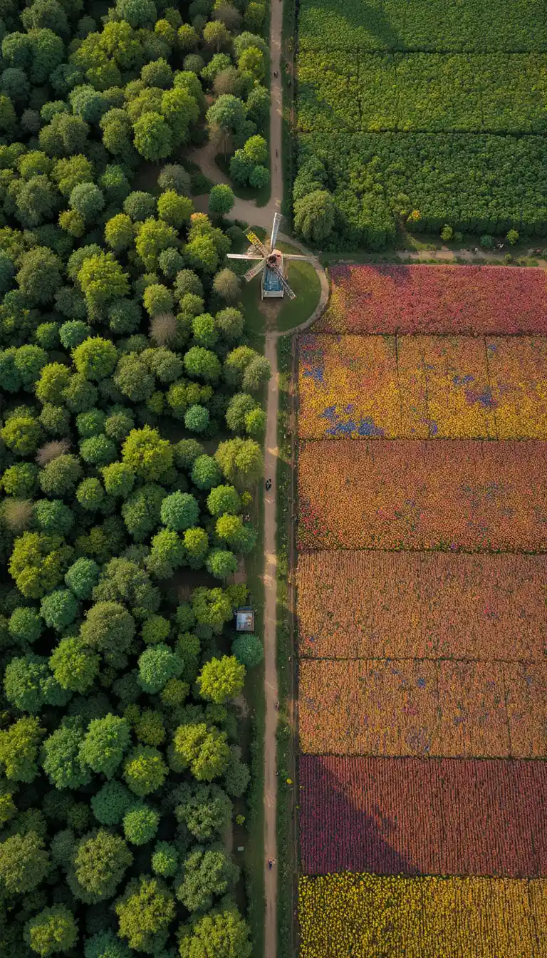 Vista aerea della foresta che incontra campi di fiori colorati