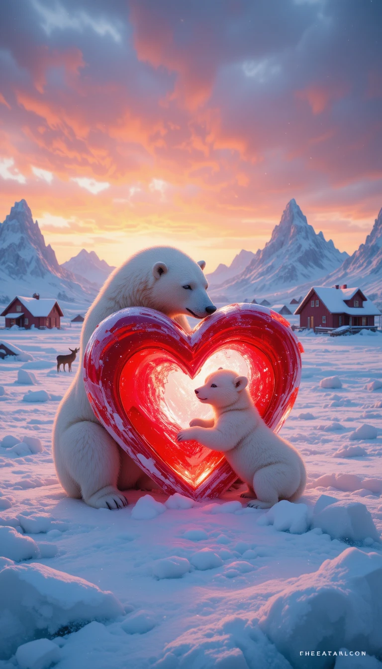 Mamma orsa polare e cucciolo che abbracciano una scultura di ghiaccio a forma di cuore rosso