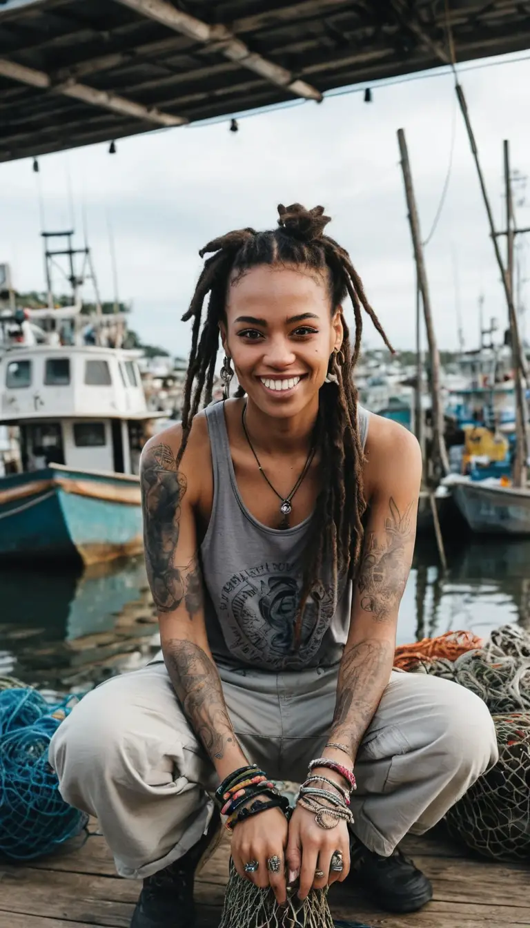 Playful young woman posing on a busy fishing dock