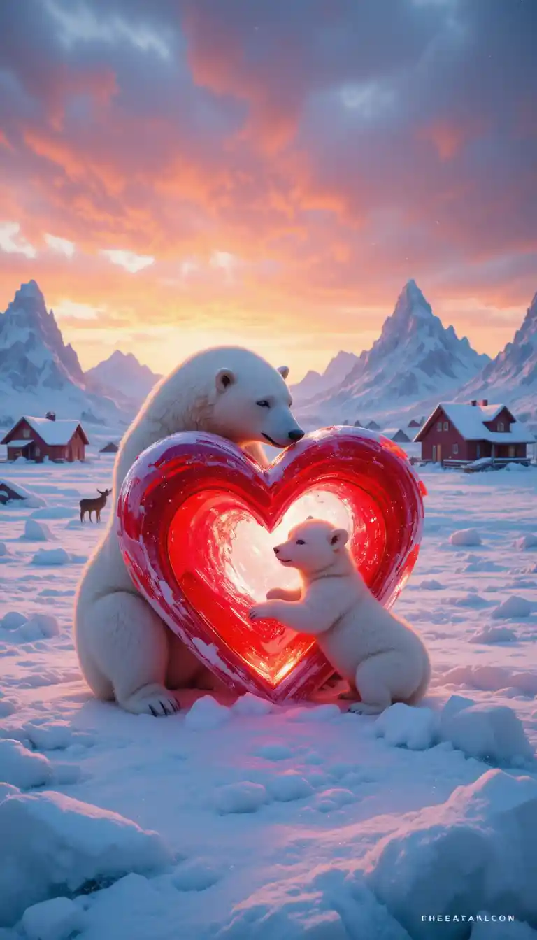 Mamma orsa polare e cucciolo che abbracciano una scultura di ghiaccio a forma di cuore rosso