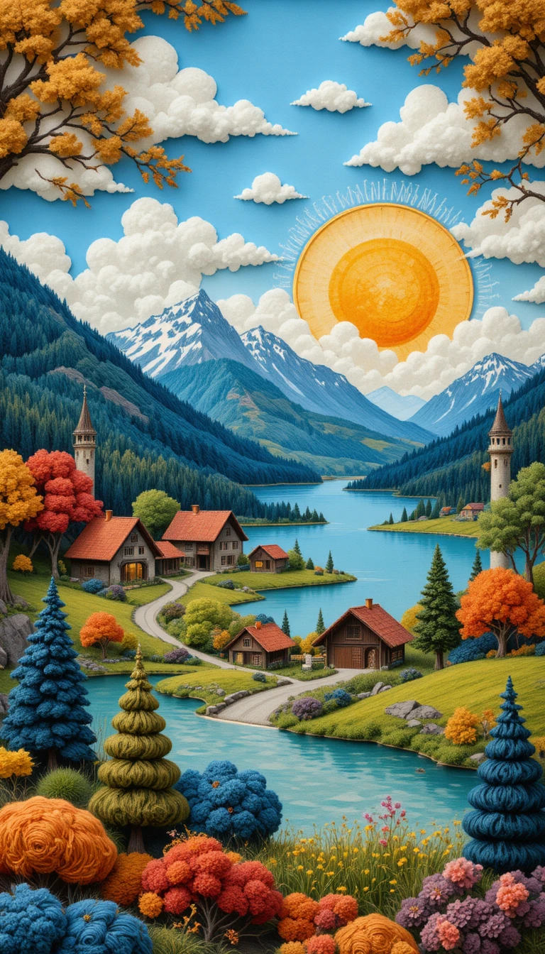 カラフルな毛糸刺繍のスイス山村風景