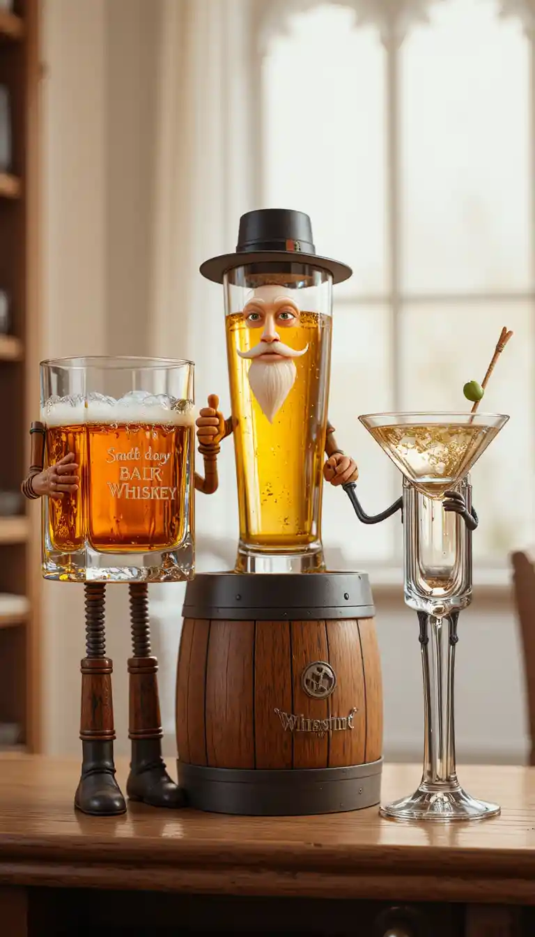 Vasos de bebida antropomórficos reunidos en una barra de madera