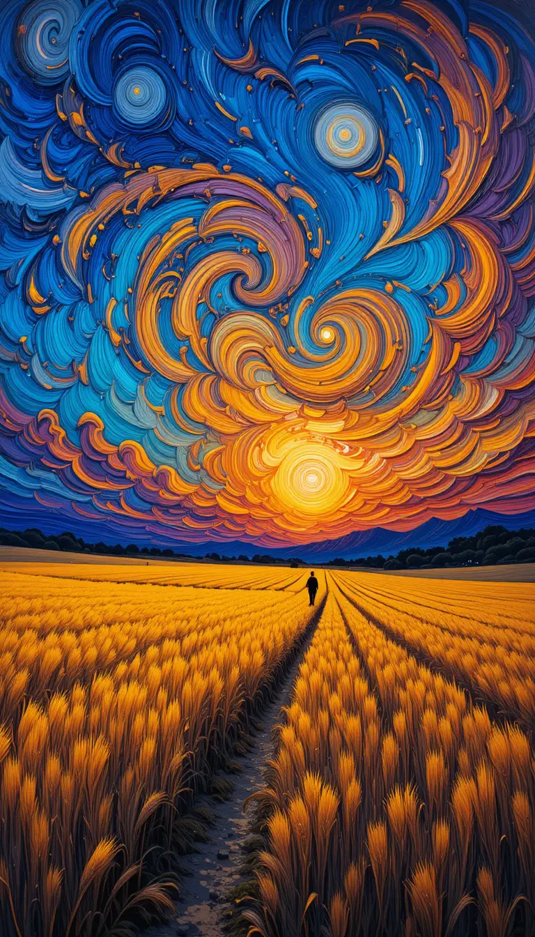 Campo de trigo dorado bajo un cielo de atardecer dramático y en remolino