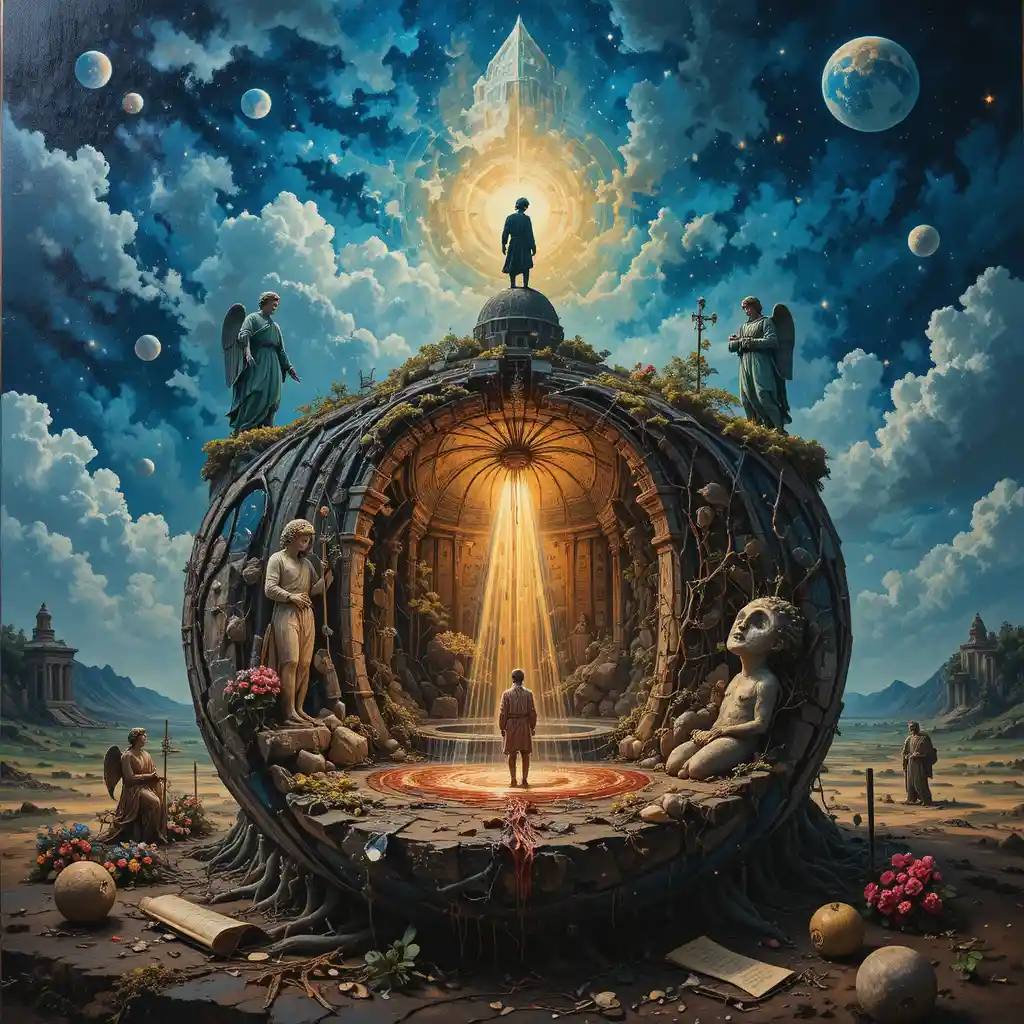 Solitary man descending into a reflective cross section world