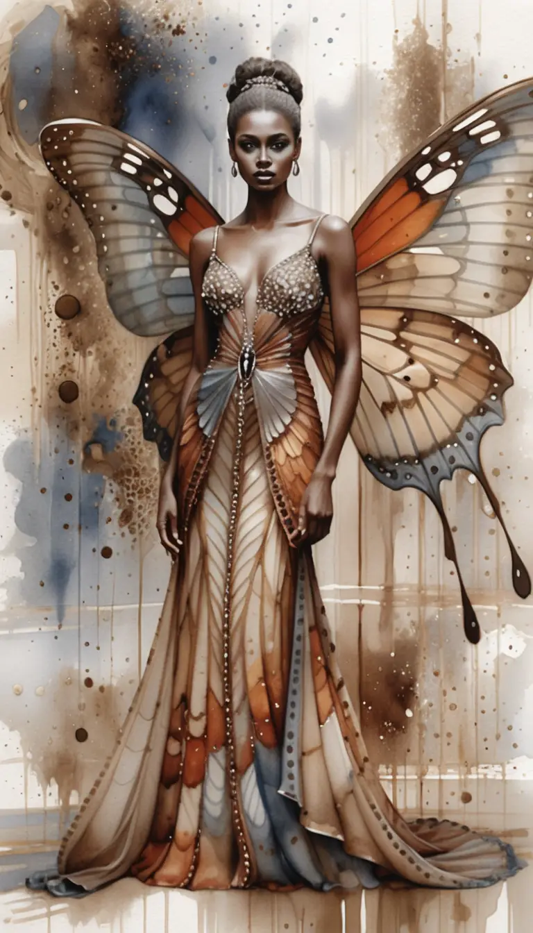 Watercolor woman with butterfly wings in minimalist gallery