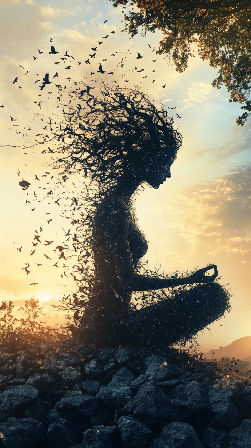 Woman meditating as tree roots merge with rocky ground