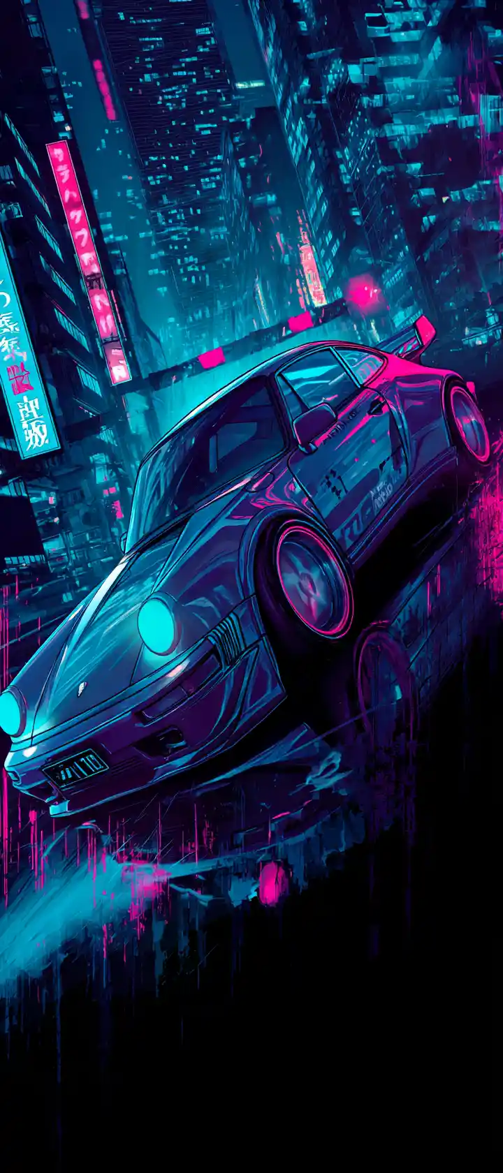 Futuristic neon car racing through dystopian city night