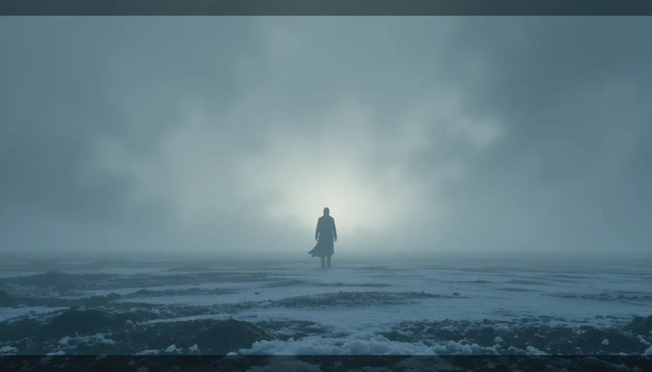 Lone silhouette on a distant frozen horizon in mist