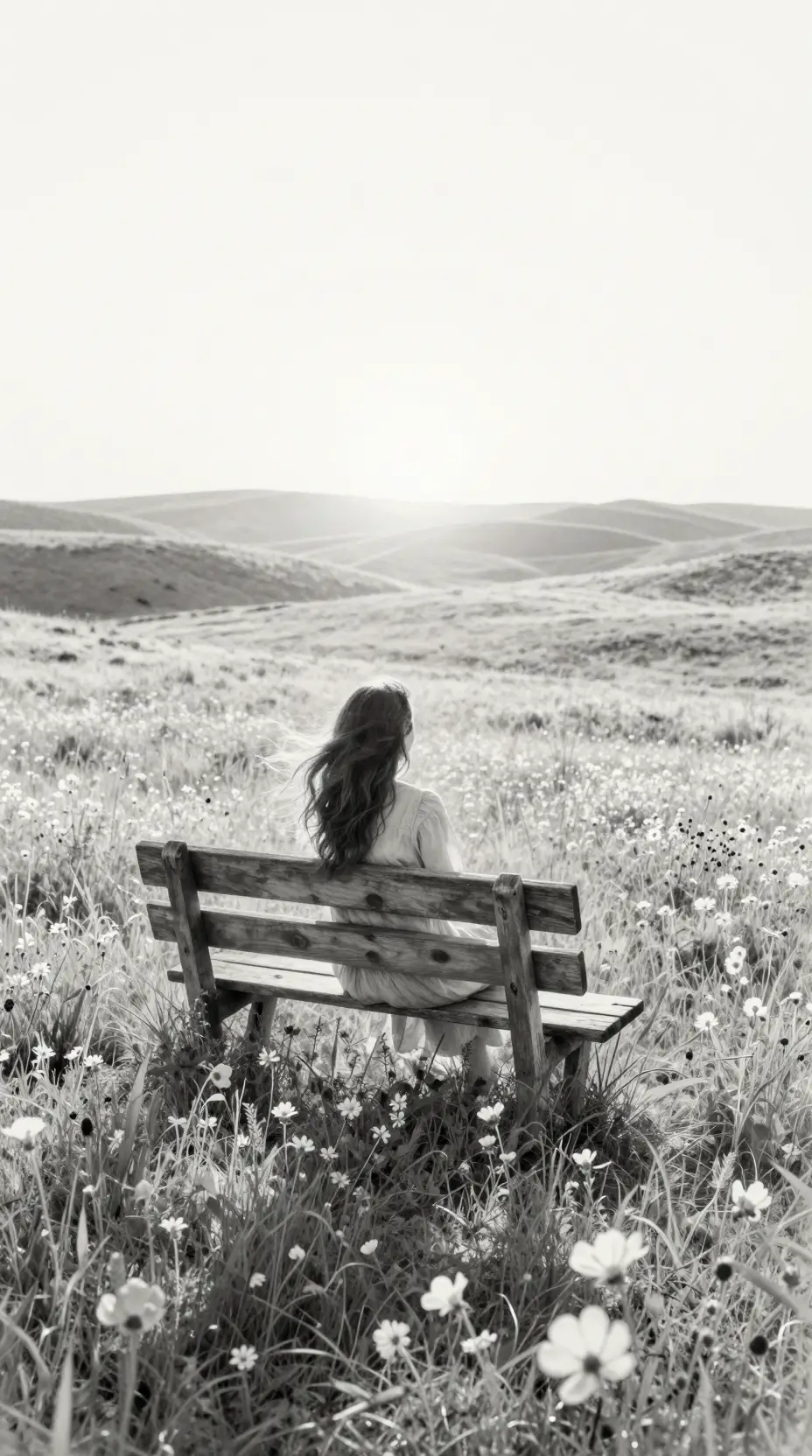 Woman resting on a wooden bench in a sunlit meadow