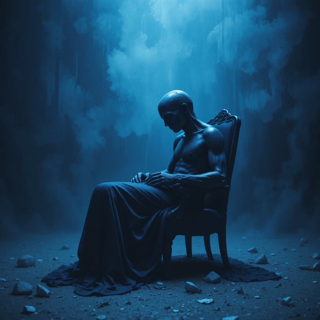 Sad man sitting on a chair against dark blue background