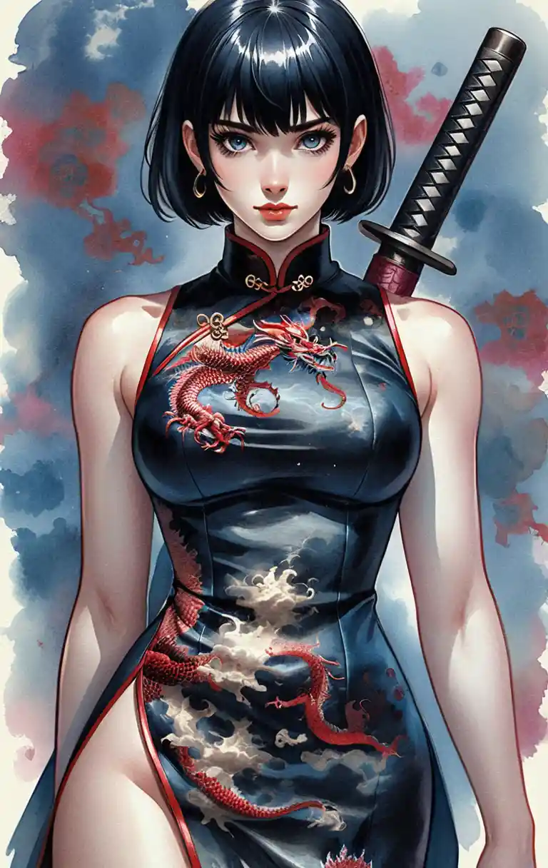 Misteriosa donna con katana in un cheongsam nero con dragone