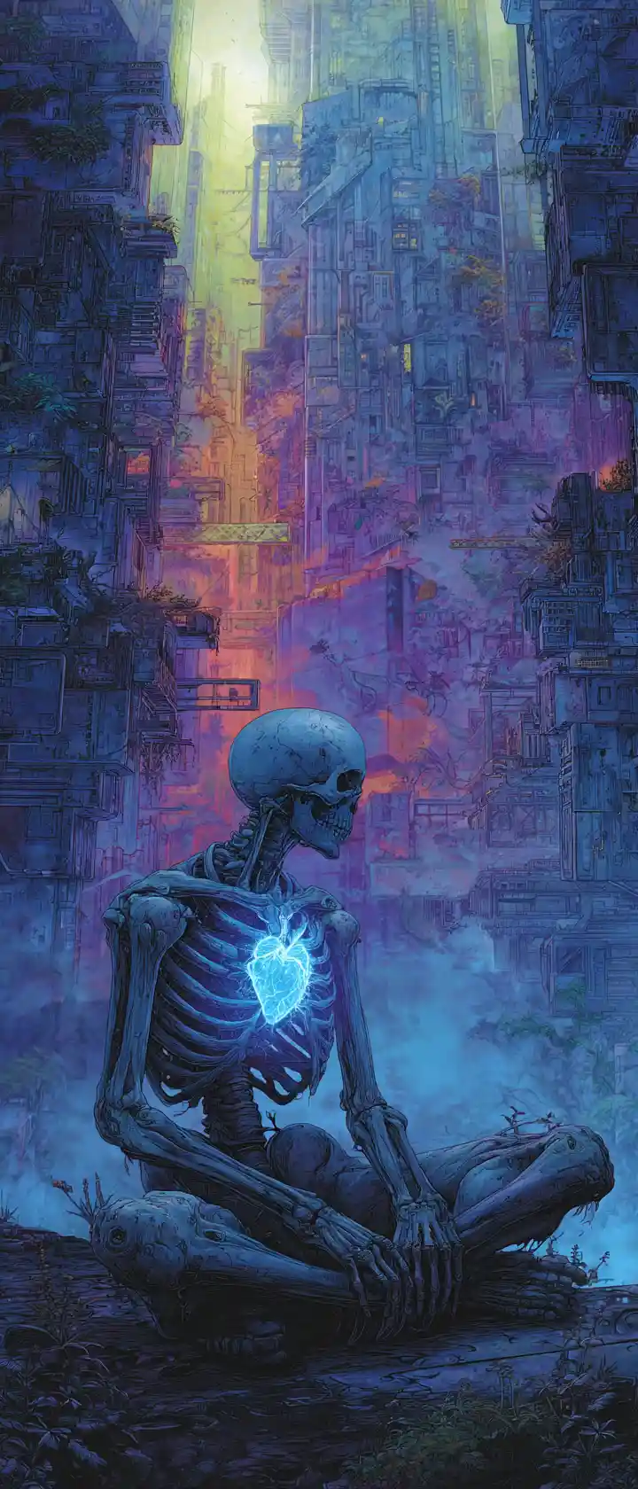 Cyborg Meditating In A Surreal Ruined Cityscape