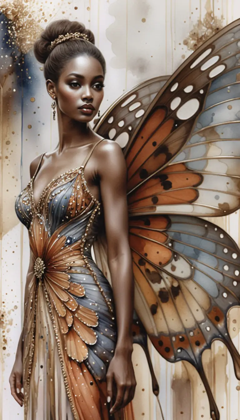Watercolor woman with butterfly wings in minimalist gallery