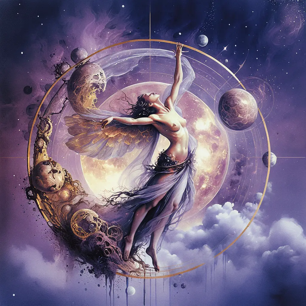 Ethereal angelic woman within celestial geometric circle
