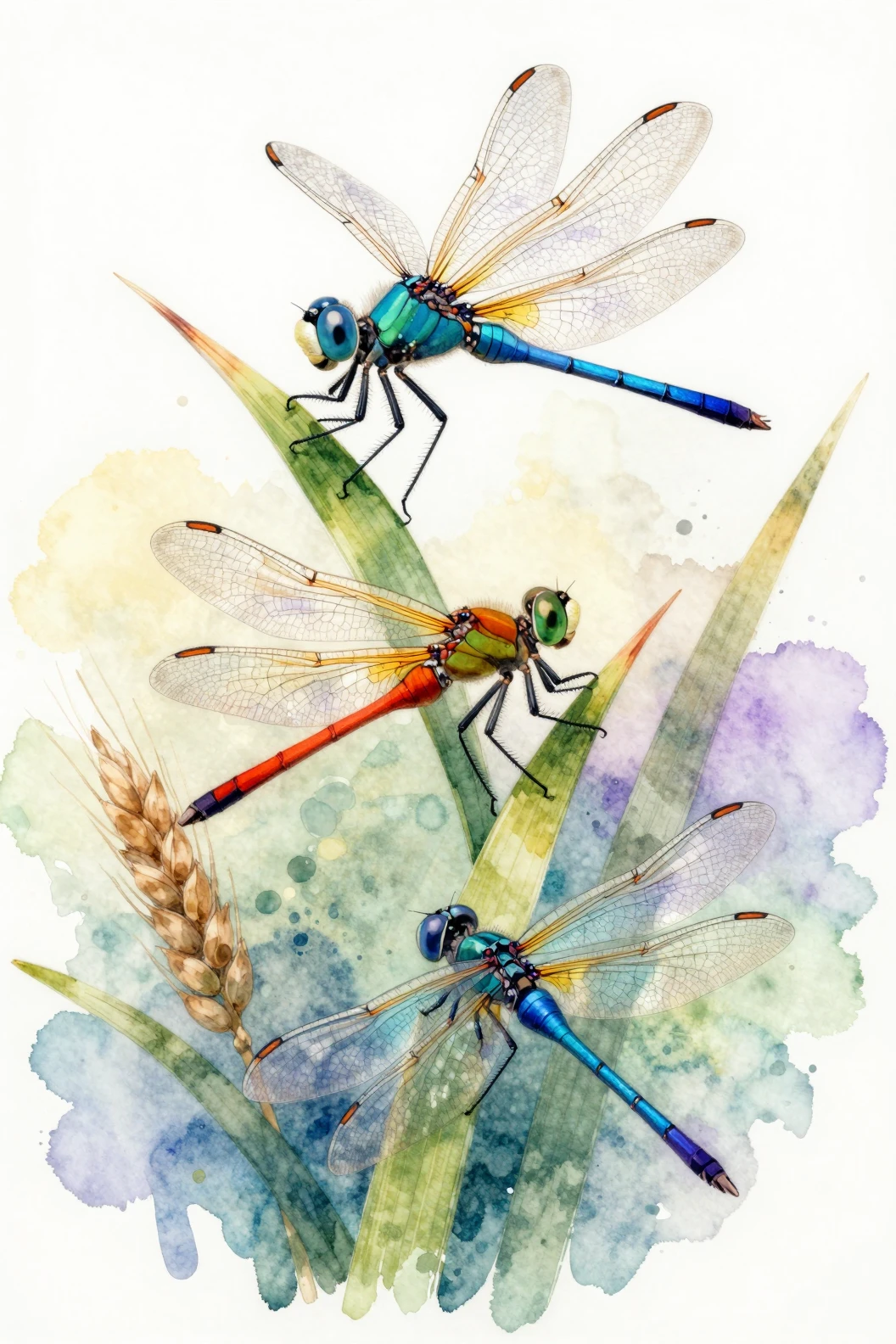 Bunte Libellen auf grünen Stängeln im Aquarellstil