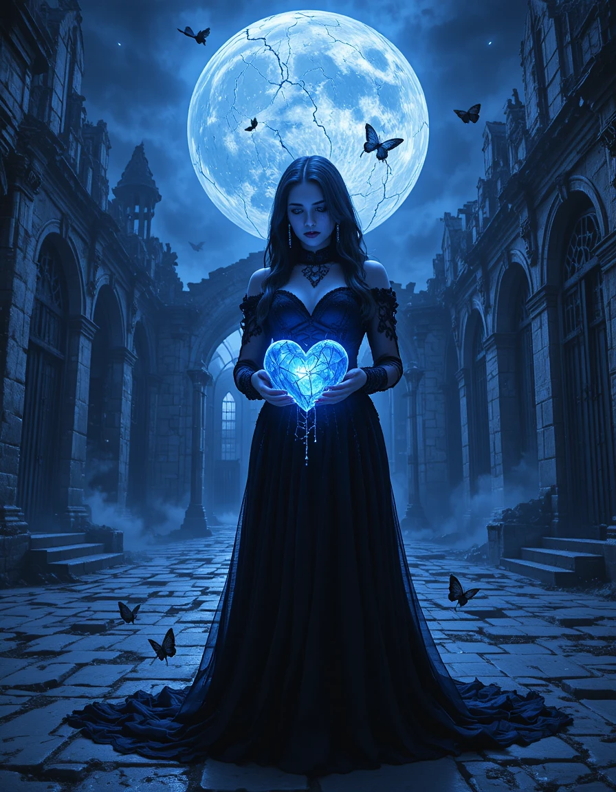 Sorrowful gothic woman under a cracked glowing moon