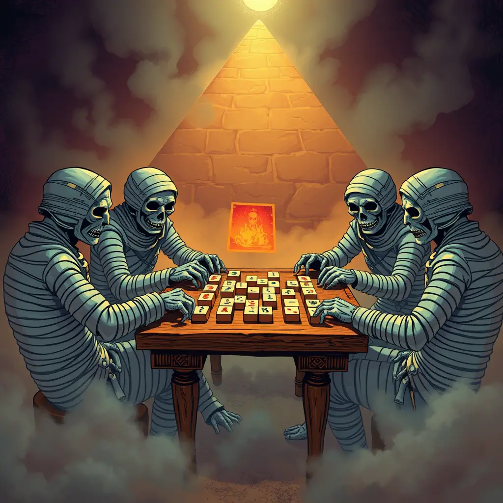 Mummie che giocano a mahjong attorno a un tavolo in una piramide nebbiosa