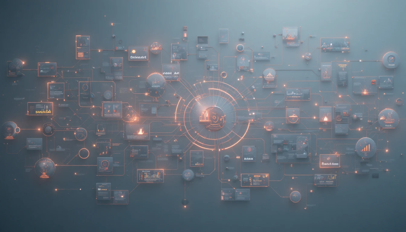 Overhead data flow diagram with glowing interconnected nodes