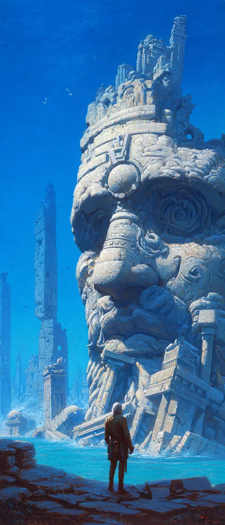 Mythic figure before colossal ruins in bright sky
