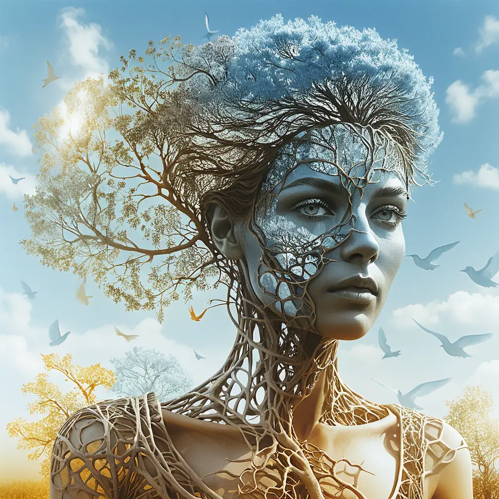 Meditating woman merging with tree roots at sunset