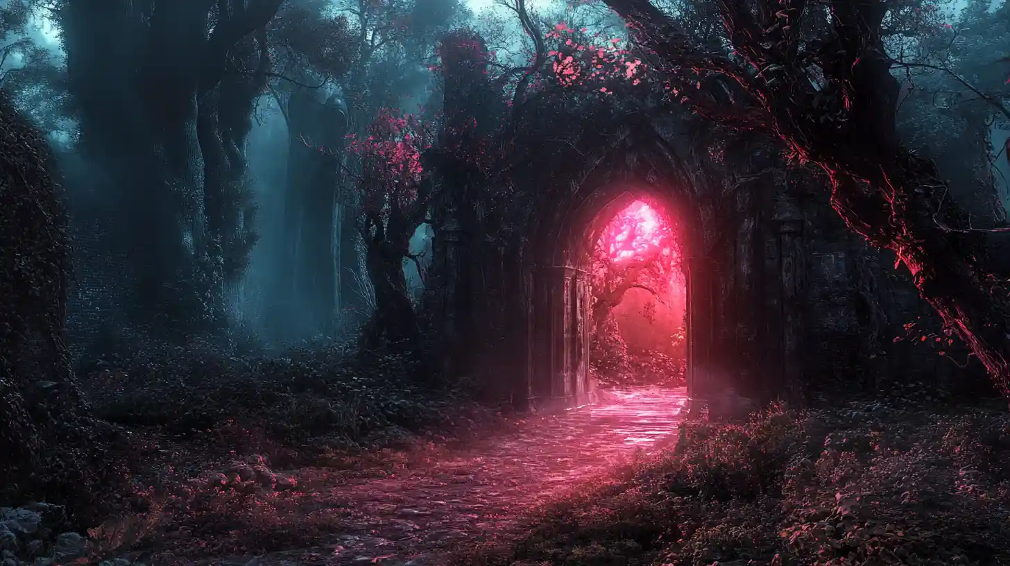 Glowing portal opening into a dark fantasy dream world