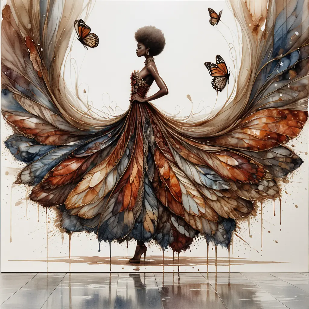 Watercolor woman with butterfly wings in gallery space