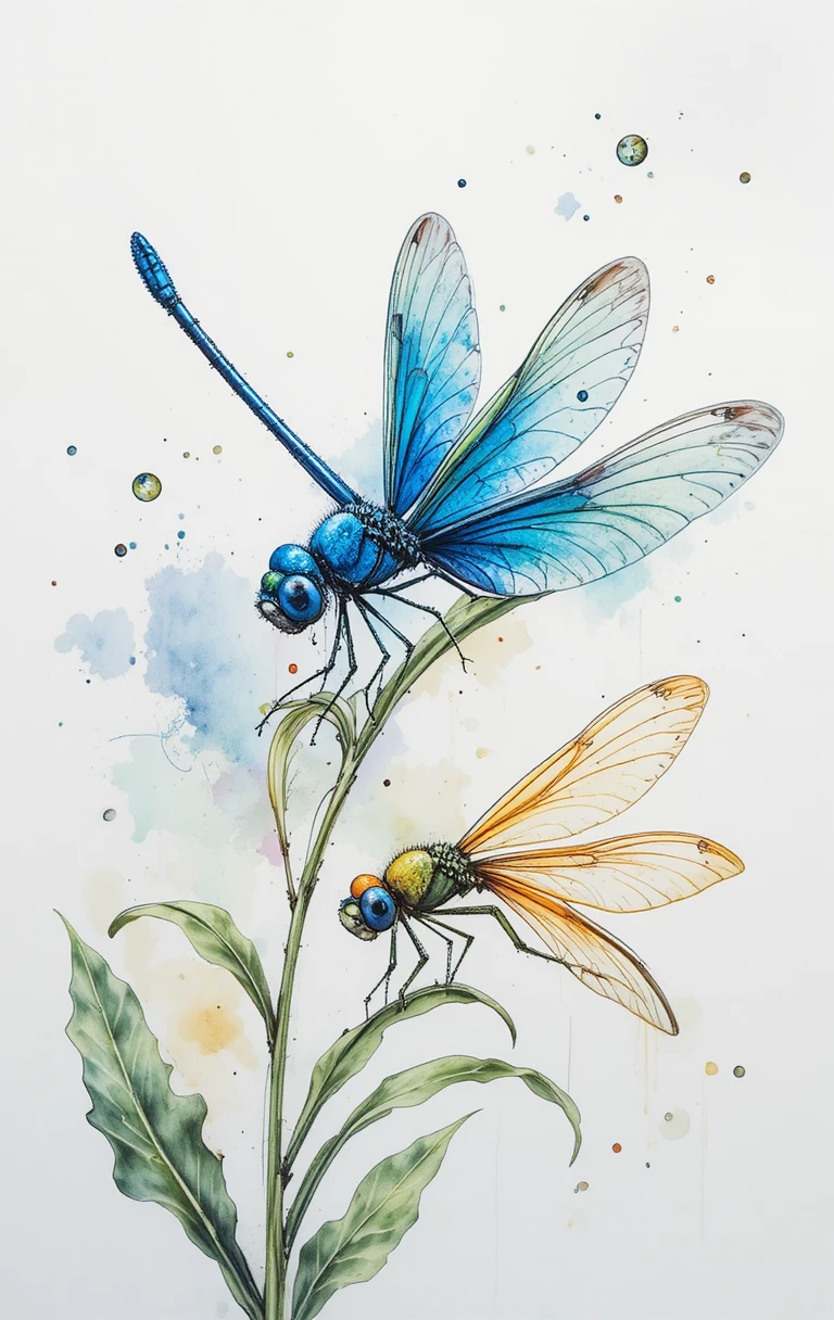 Watercolor dragonflies resting on green stems in soft pastels